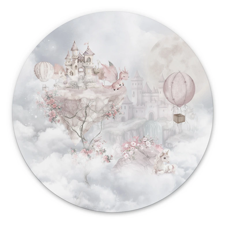 Wanddecoratie sprookjeswereld met kasteel en eenhoorn - Ms Tiff - Alu-Dibond - Rond 