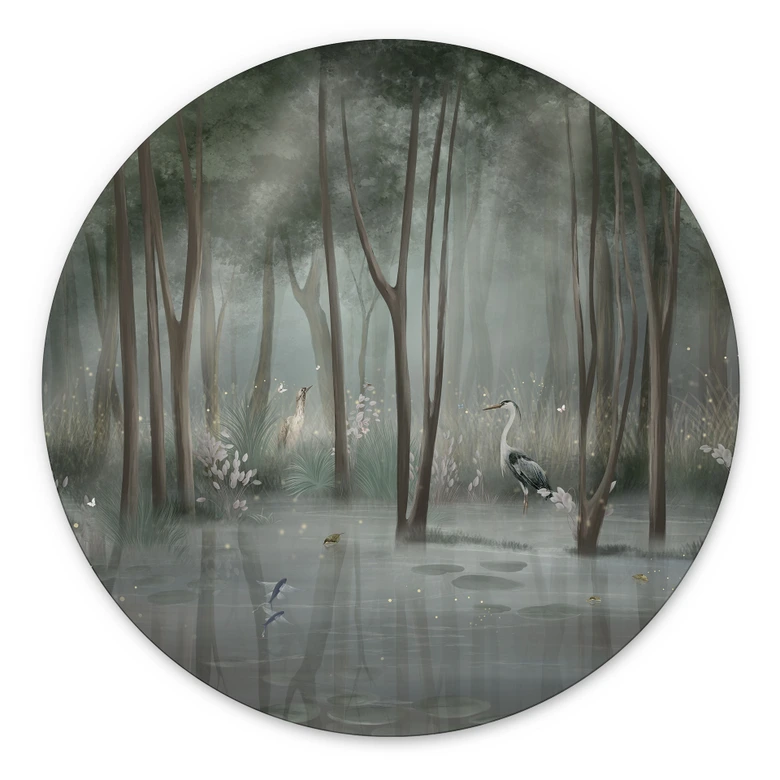 Wandbild Nebelwald am See mit Reiher in Grün - Ms Tiff - Alu-Dibond Rund 