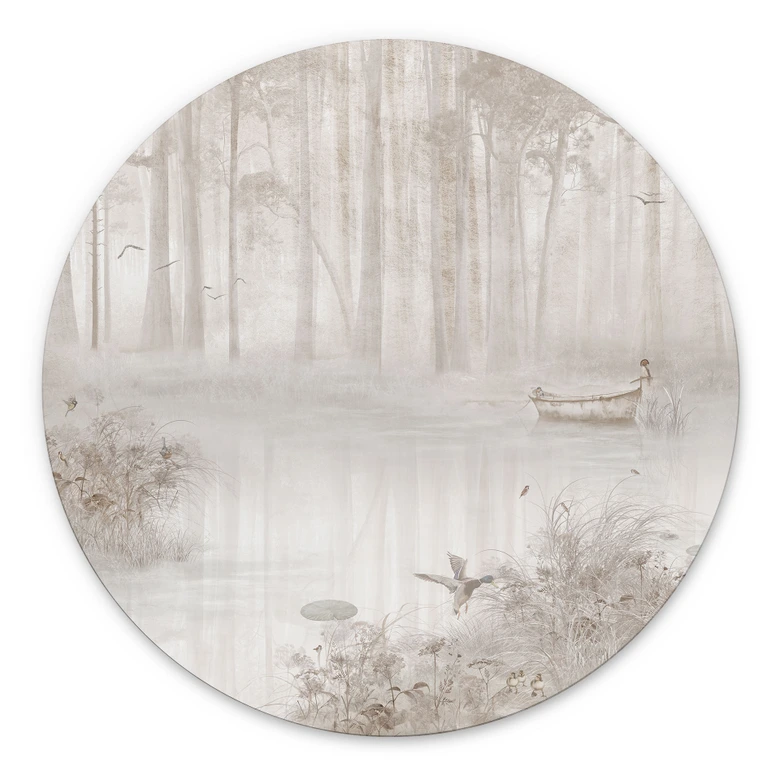 Wandbild Wald am See im Nebel in Beige - Ms Tiff - Alu-Dibond Rund 