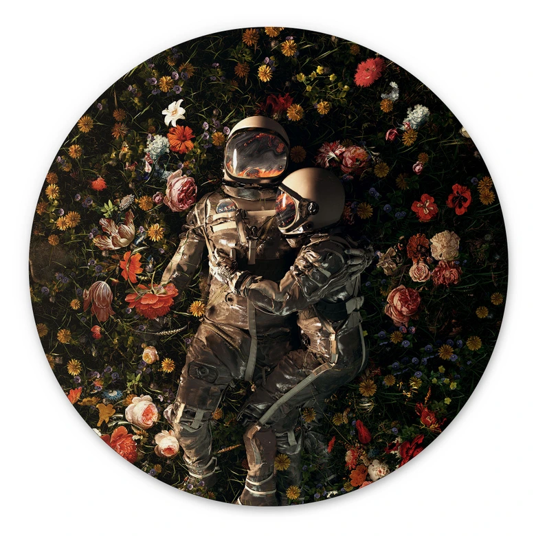 Wandbild Astronauten auf einer Blumenwiese - Nicebleed - Alu-Dibond - Rund 