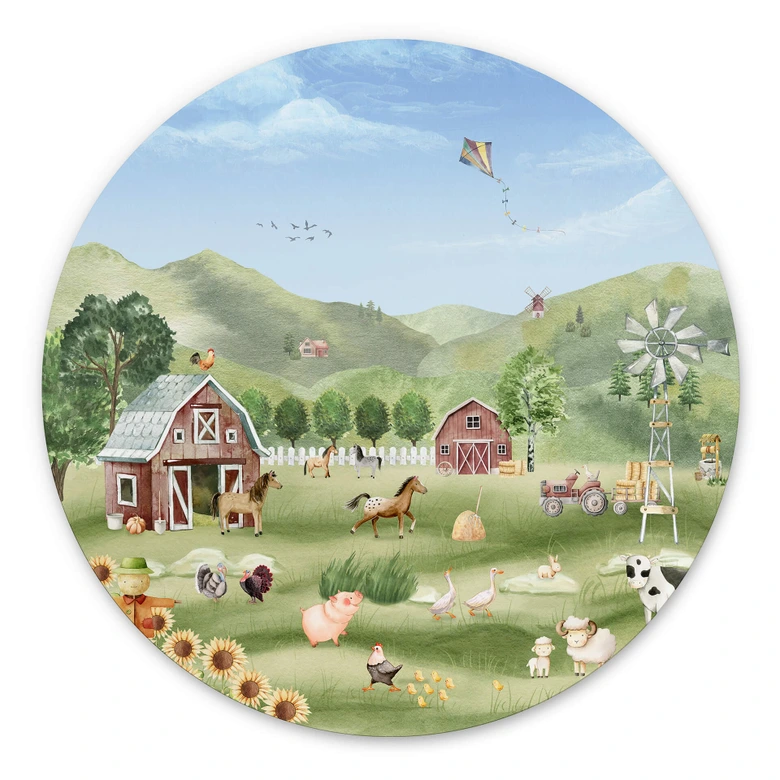 Tableau sur alu-Dibond rond Oliver Robins - Ferme colorée avec animaux 