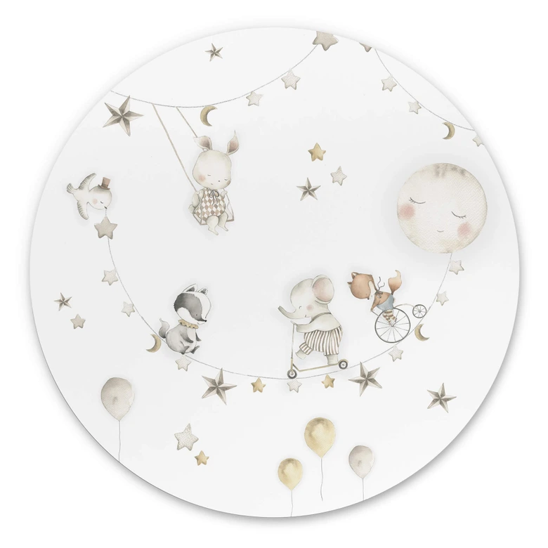 Rundes Wandbild Fröhliche Tiere mit Sternenhimmel - Oliver Robins - Alu-Dibond 