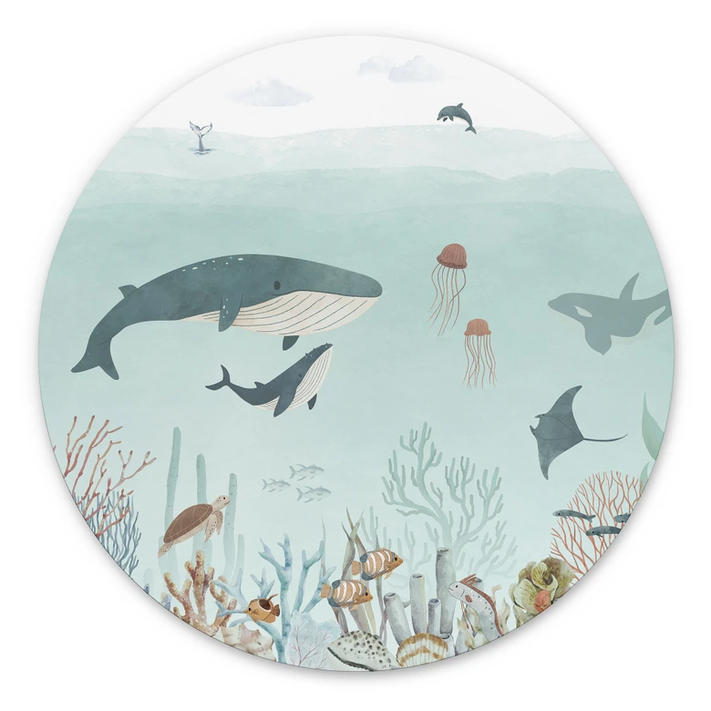 Wandbild Unterwasser-Abenteuer mit Meerestieren - Blau - Oliver Robins - Alu-Dibond Rund 