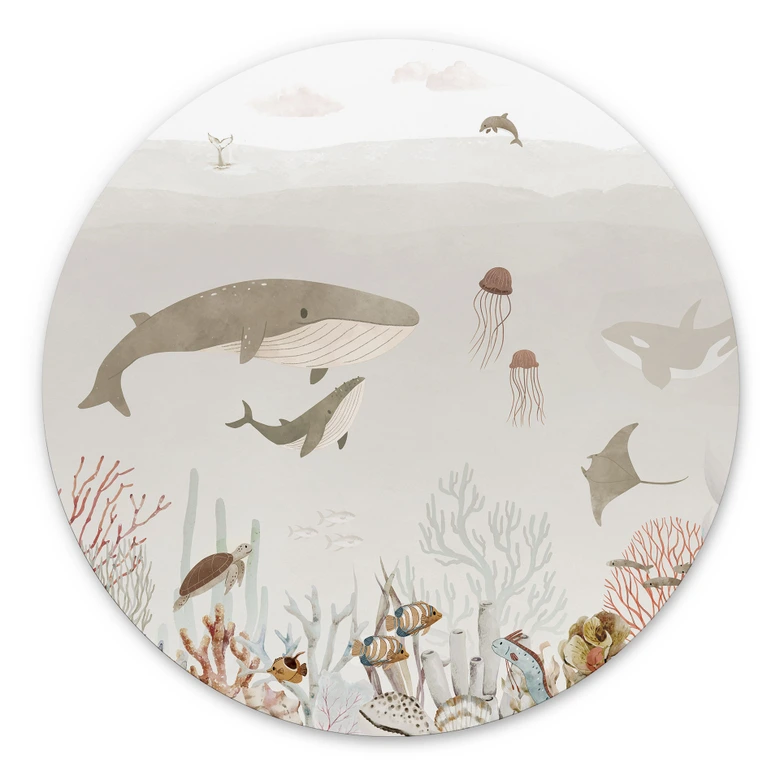 Kinderzimmer Wandbild Wale und ihre Freunde in der Unterwasserwelt - Oliver Robins - Alu-Dibond Rund 