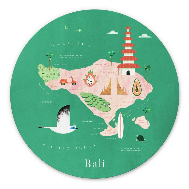 Wandbild Karte von Bali - Rivers - Alu-Dibond - Rund 