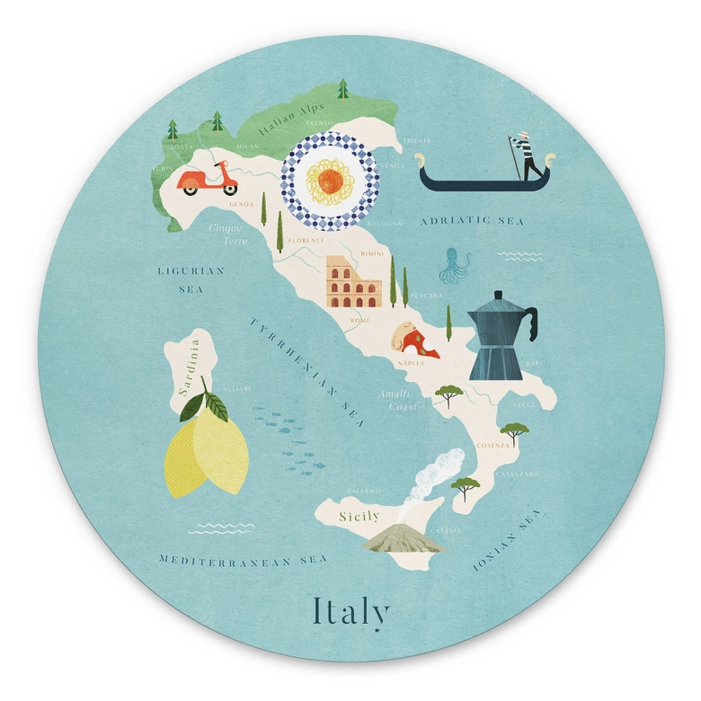 Wandbild Karte von Italien - Rivers - Alu-Dibond - Rund 