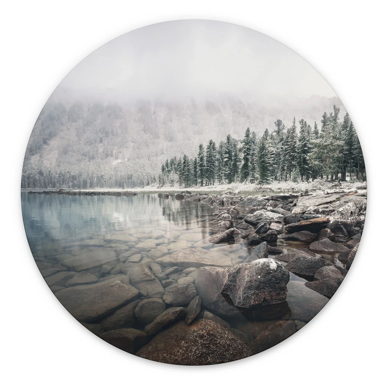 Natur Wandbild Winterwald am See - Rostovskiy - Alu-Dibond Rund 