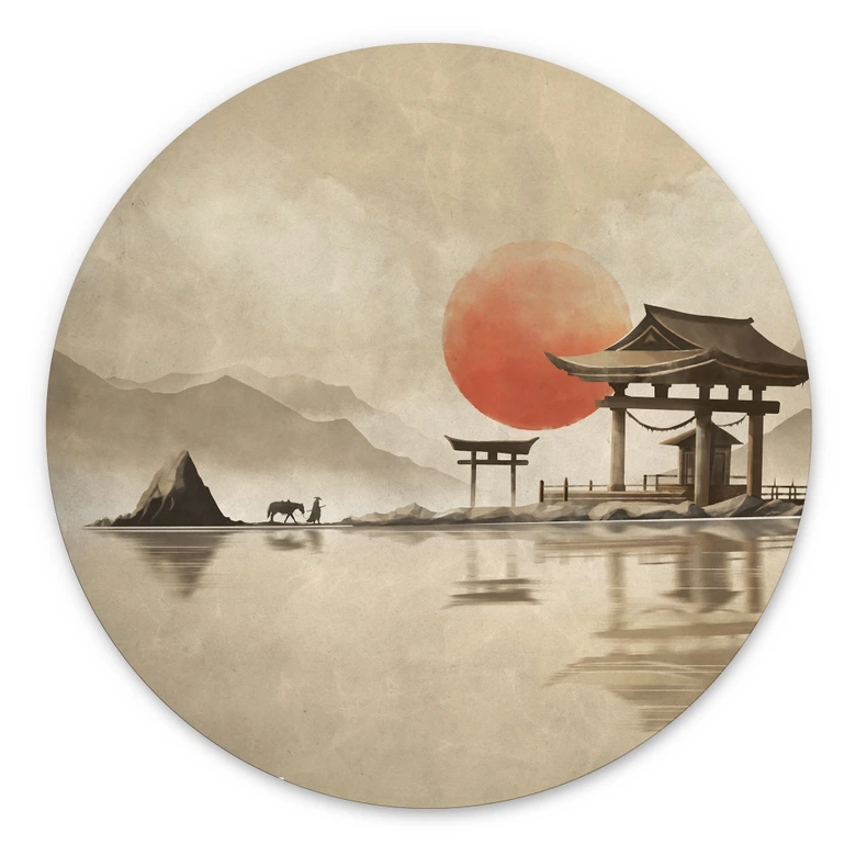 Wandbild Japanischer Tempel im Sonnenaufgang - Roze - Alu-Dibond Rund 