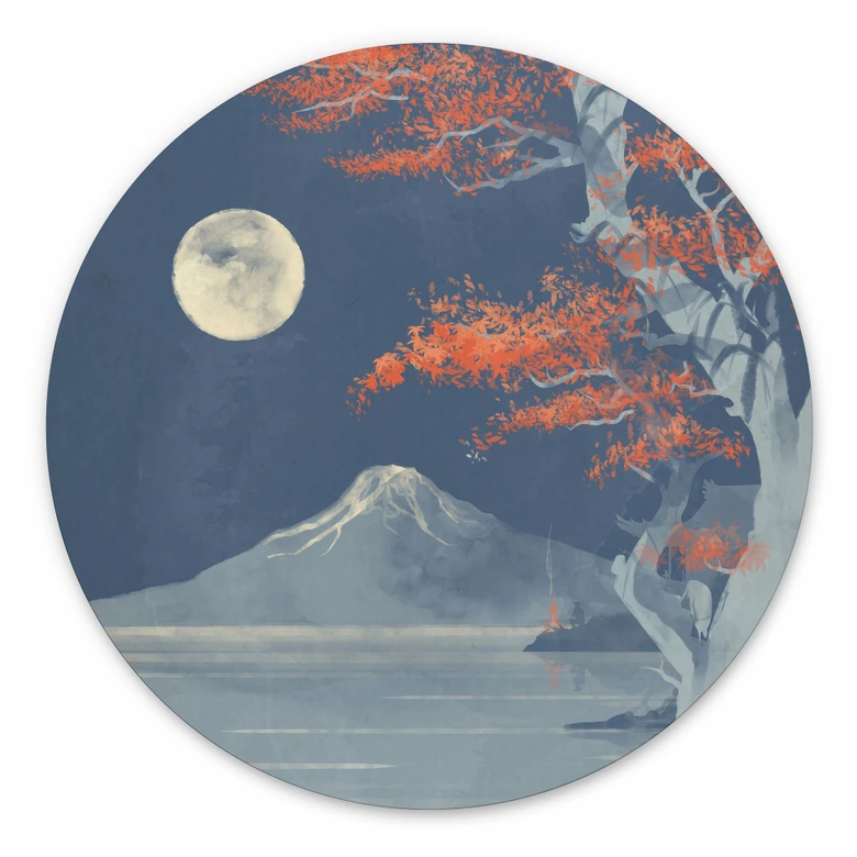 Wandbild Vollmond über dem Gipfel des Fuji-san - Roze - Alu-Dibond Rund 