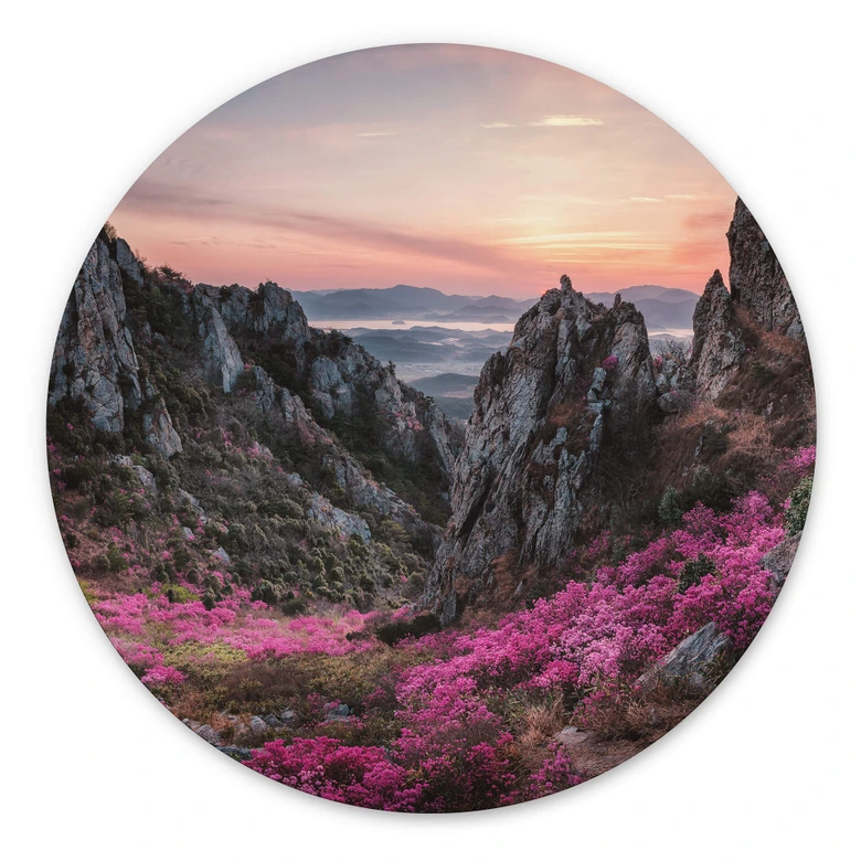 Wandbild Seo - Felsige Landschaft im Sonnenuntergang - Alu-Dibond Rund 