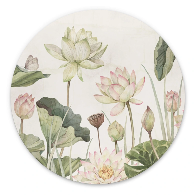 Alu-Dibond Wandbild Sir Edward - Seerosen Idyll in Pastell - Rund 