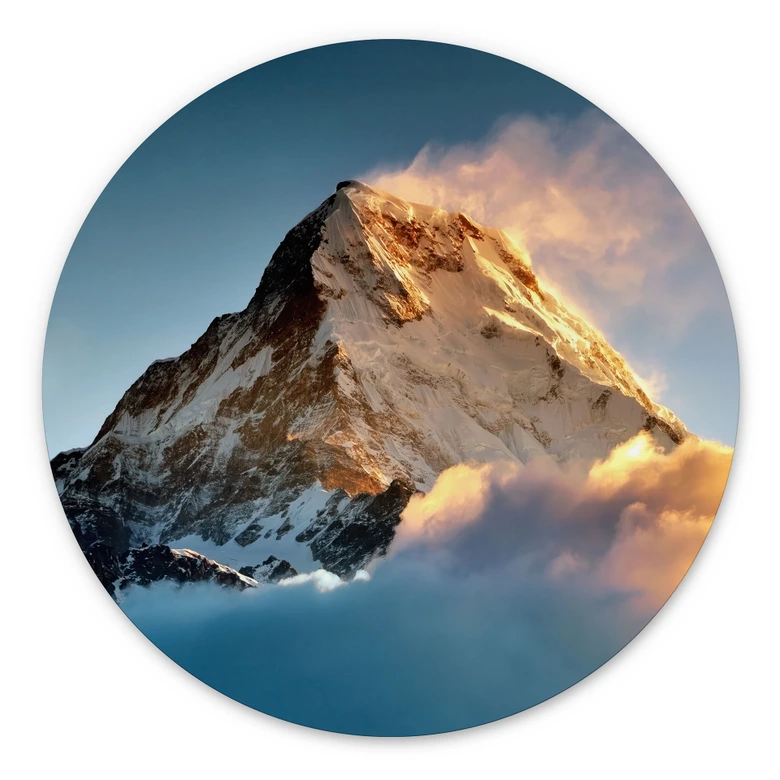 Wandbild Sonnenaufgang über dem schneebedeckten Berg - Annapurna Himal - Rund - Alu-Dibond 