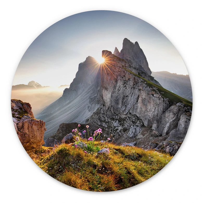 Wandbild Sonnenaufgang über den Bergen in Südtirol - Alu-Dibond - Rund 