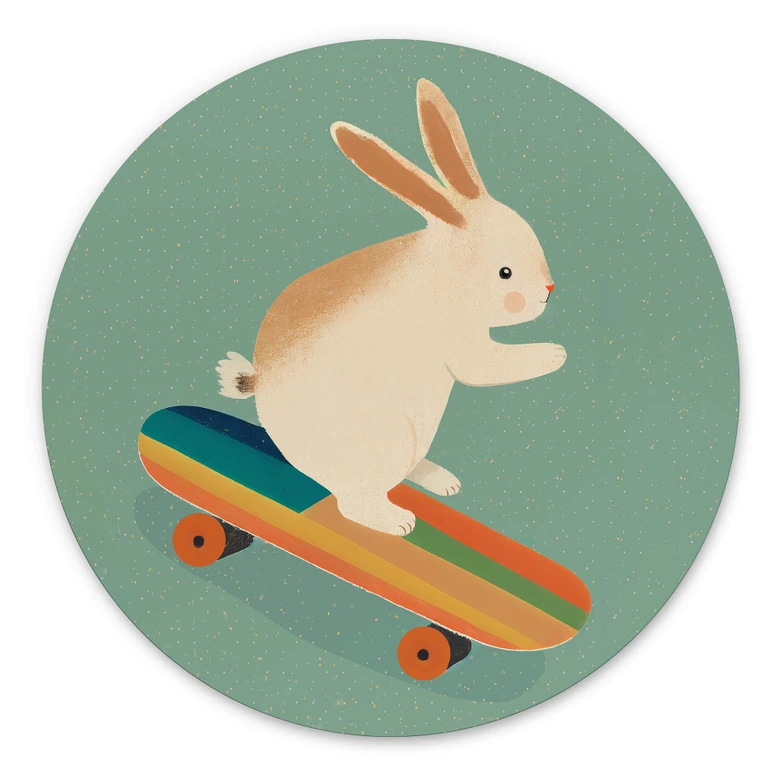 Rundes Wandbild Treechild - Niedlicher Hase auf einem Skateboard - Alu-Dibond 