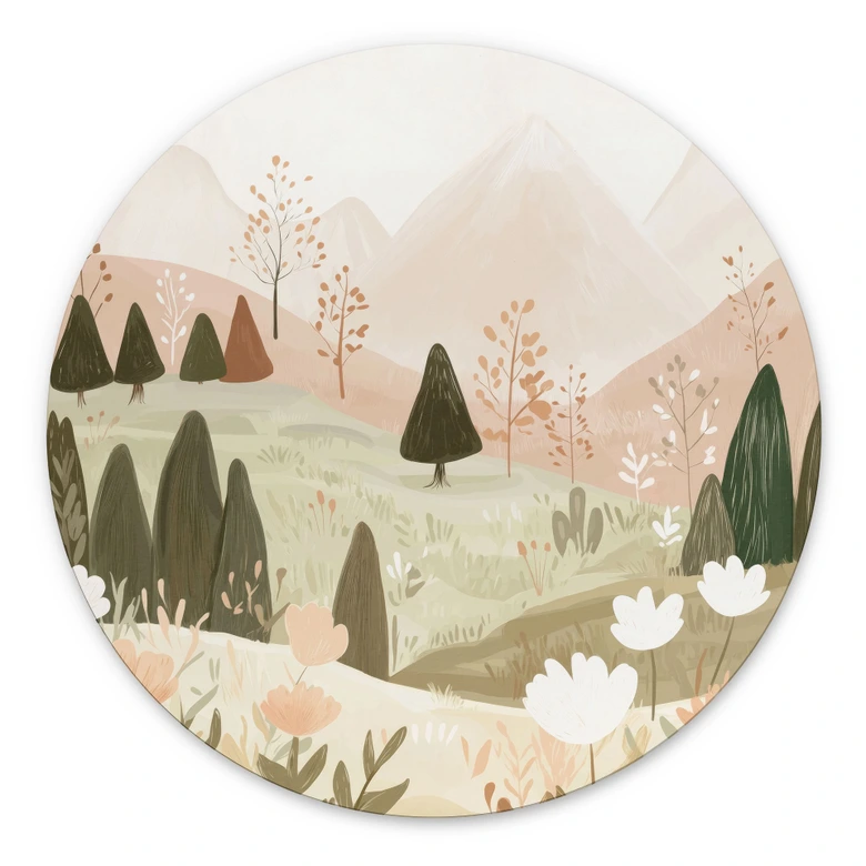 Wandbild Pastell Berglandschaft mit Blumen - Treechild - Alu-Dibond Rund 