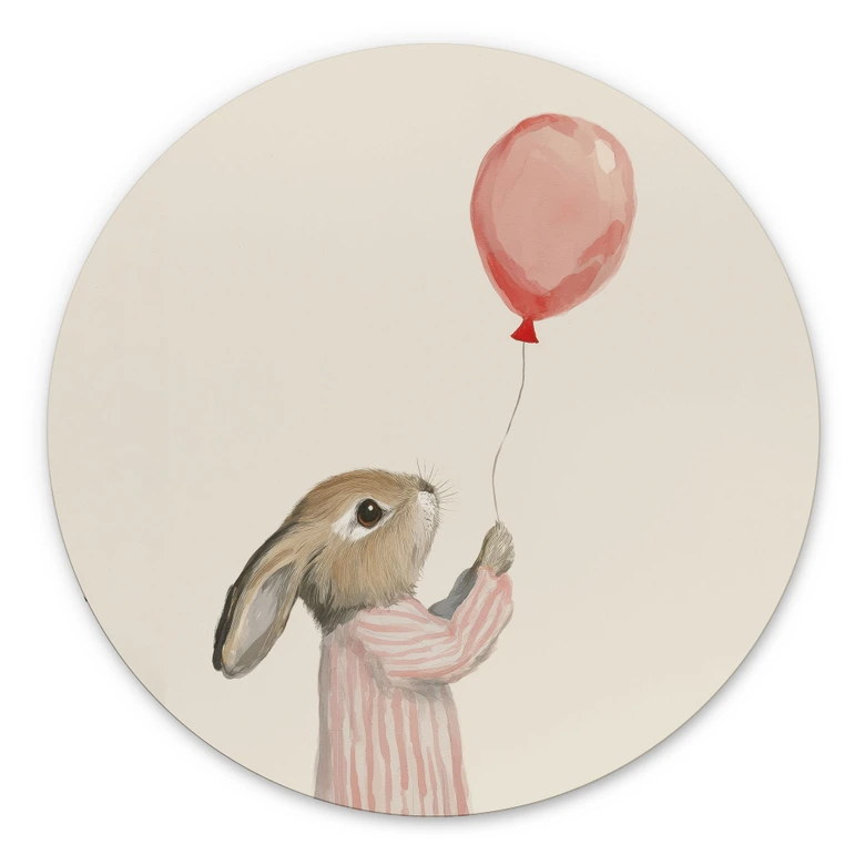 Wandbild Süßer Hase mit Luftballon - Treechild - Alu-Dibond Rund 
