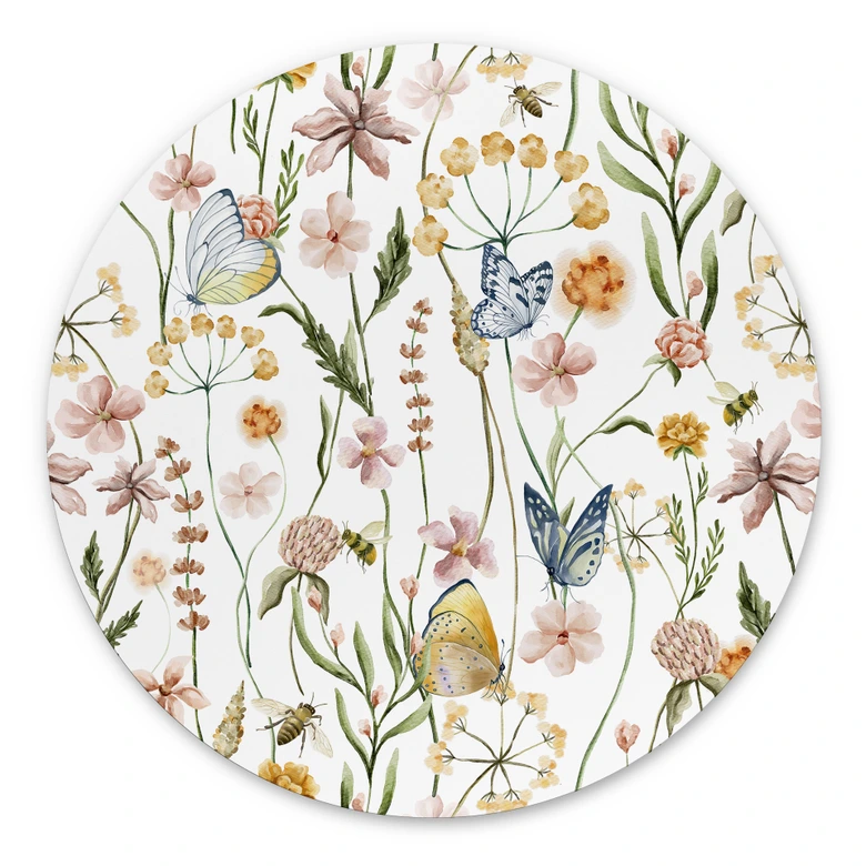 Wandbild Frühlingswiese mit Schmetterlingen - UN Designs - Alu-Dibond - Rund 