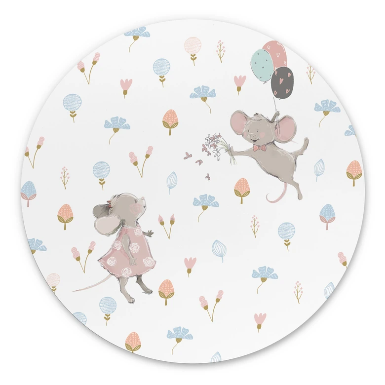 Wandbild Kleine Mäuse mit Luftballons - UN Designs - Rund - Alu-Dibond 