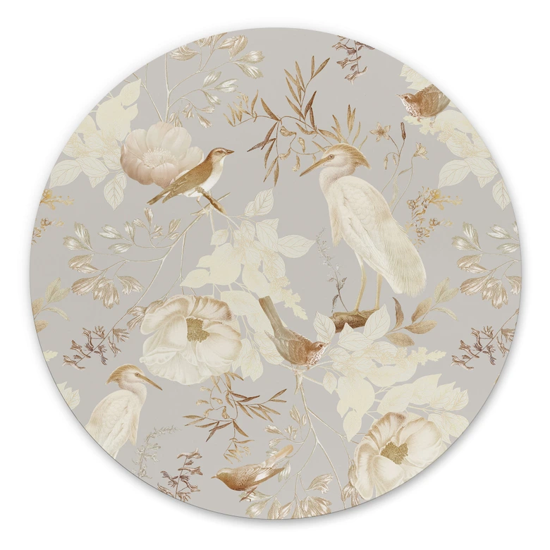 Wandbild Vögel zwischen weißen Blumen - UN Designs - Rund - Alu-Dibond 