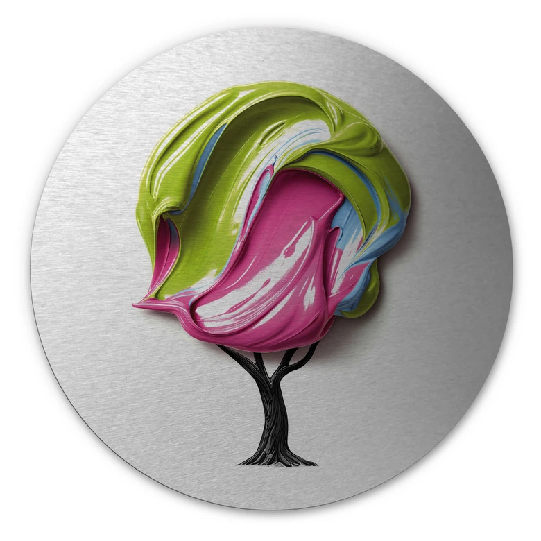 Wanddecoratie met zilvereffect boom met kleurrijke 3D kroon - Mielu - Alu-Dibond Rond 