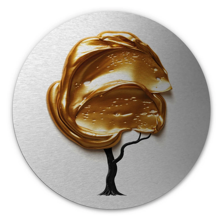 Wanddecoratie met zilvereffect Boom met gouden 3D kroon - Mielu - Alu-Dibond Rond 
