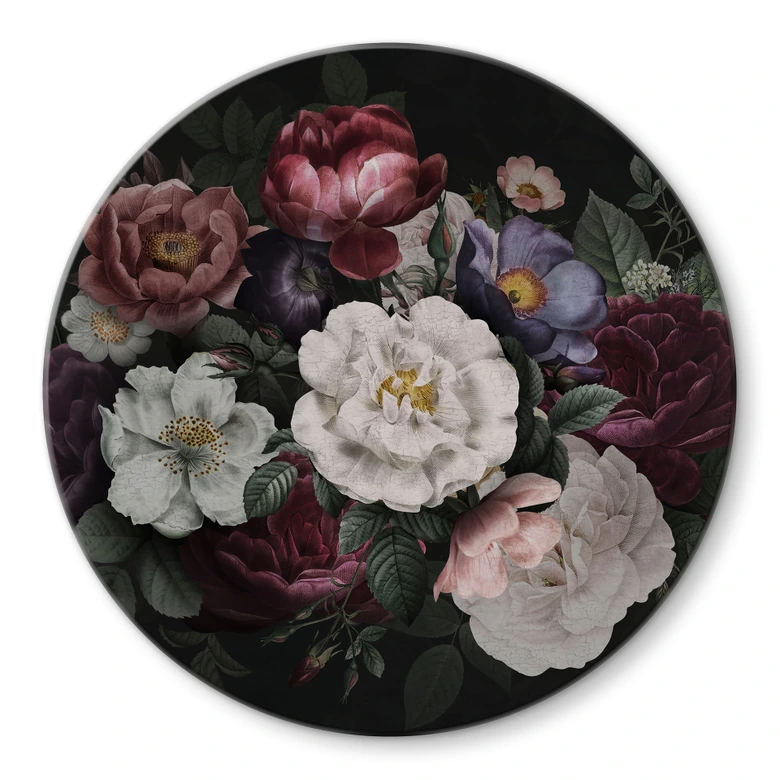 Glasbild Blumen Stillleben im Redouté-Stil - Bloomery Decor - Rund 