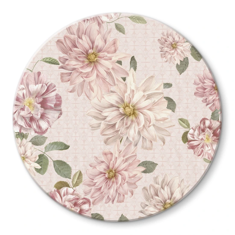 Glasbild Dahlien Shabby Chic Rosa - Bloomery Decor - Rund 