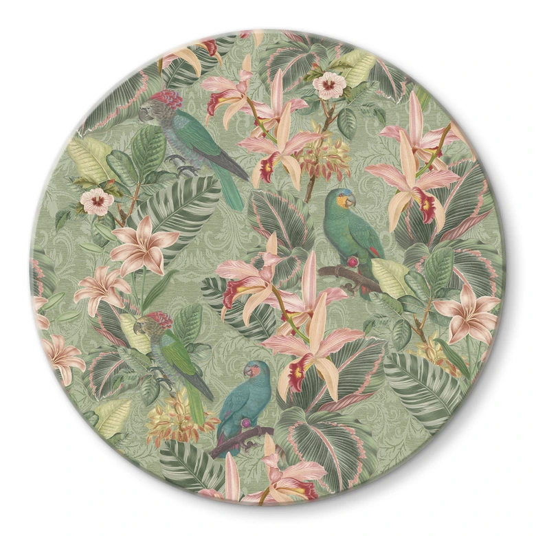 Tableau en verre Jungle avec perroquets verts - Bloomery Decor - Rond 
