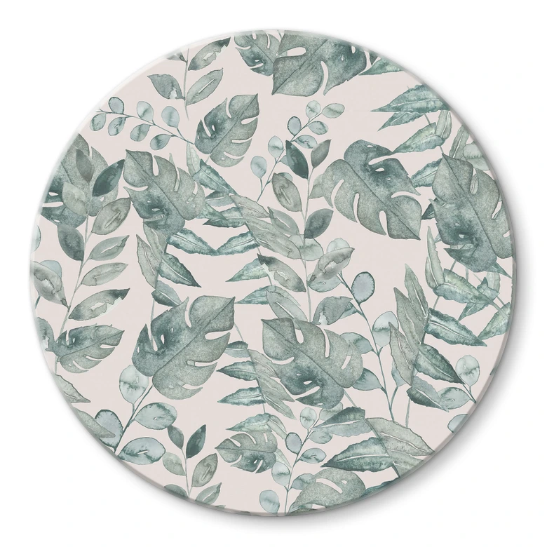 Glasbild Dschungelblätter Aquarell Creme - Bloomery Decor - Rund 