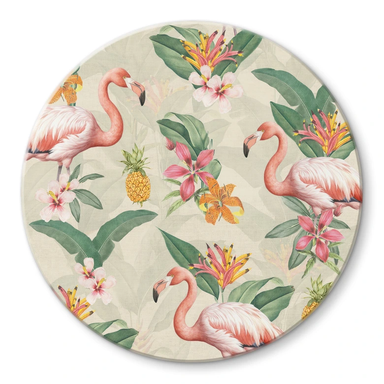 Glasbild Flamingo und tropische Blätter | Exotik für das Wohnzimmer - Bloomery Decor - Rund 