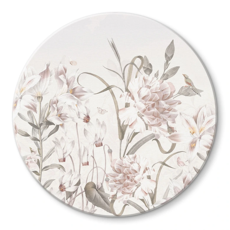 Tableau en verre Pré fleuri en rose clair - Bloomery Decor - Rond 