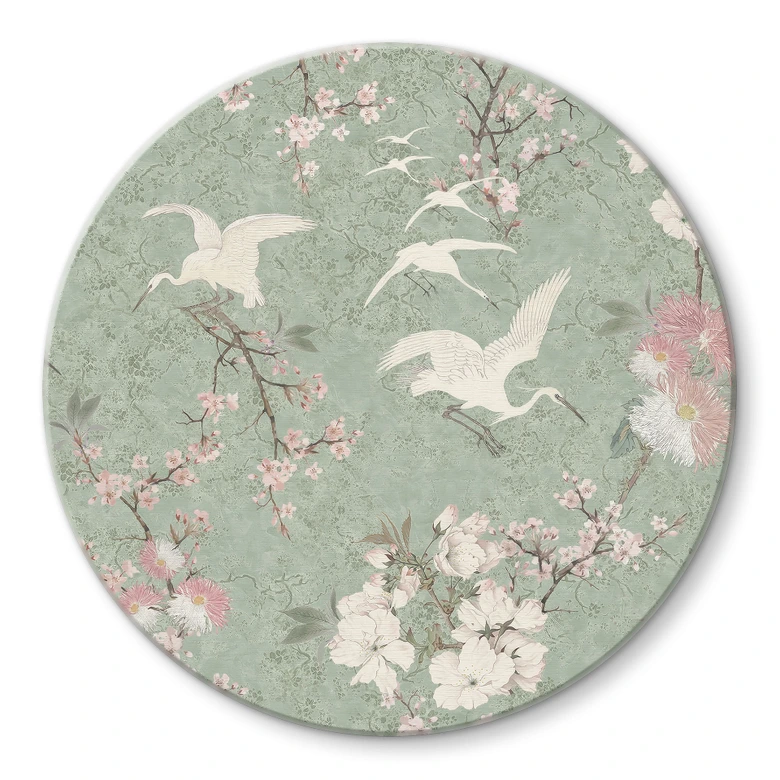 Glasbild Kraniche im Kirschblüten-Rausch Grün - Bloomery Decor - Rund 
