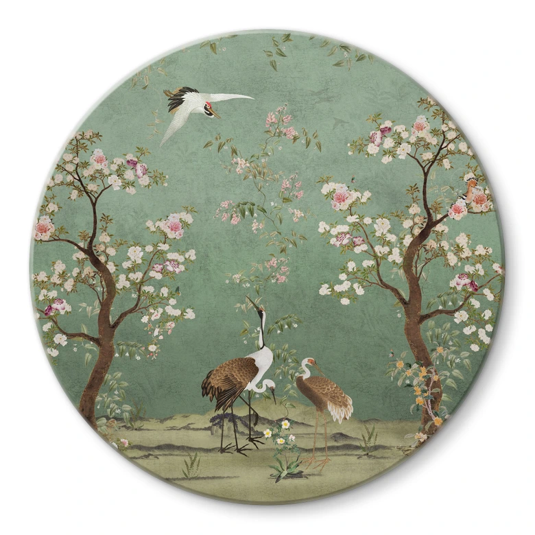 Glasbild Kraniche in floraler Landschaft - Bloomery Decor - Rund 
