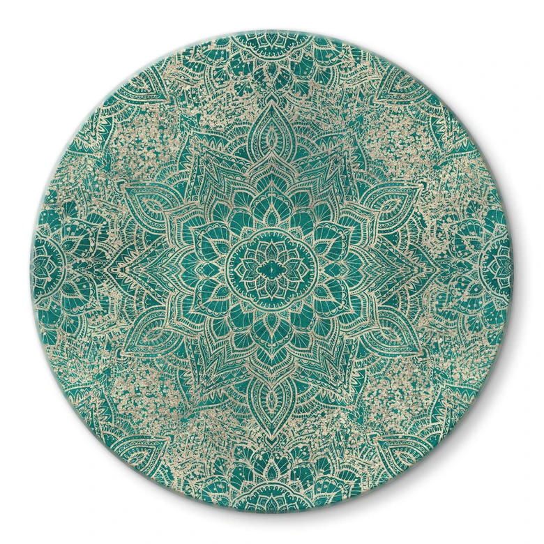 Glasbild Mandala Boho Gold-grün - Bloomery Decor - Rund 