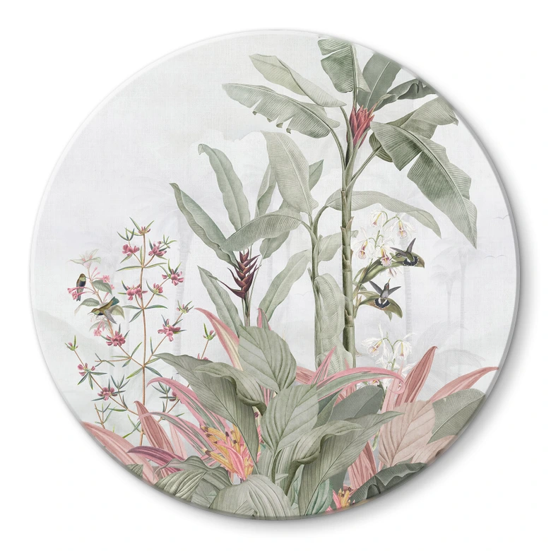 Glasbild Tropische Idylle mit Kolibri Blau - Bloomery Decor - Rund 