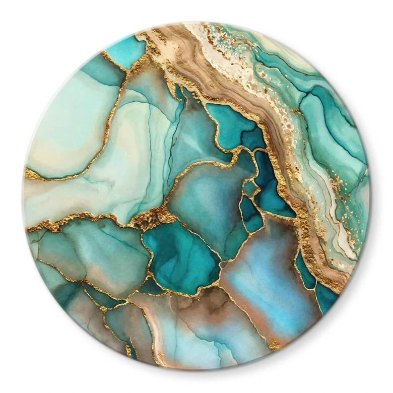 Glasbild Marmorierte Wellen in Türkis und Gold - Haase - Rund 