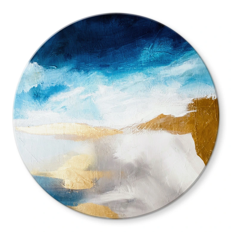 Glasbild Pinselstriche Blau und Gold - Rund - Haniff 