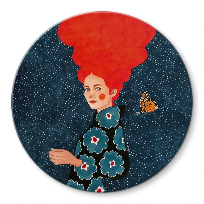 Glasbild Frau im Blumenkleid mit Schmetterling - Hülya - Rund 