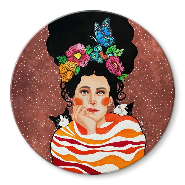 Glasbild Frau mit Blumenkrone und Katzen - Hülya - Rund 