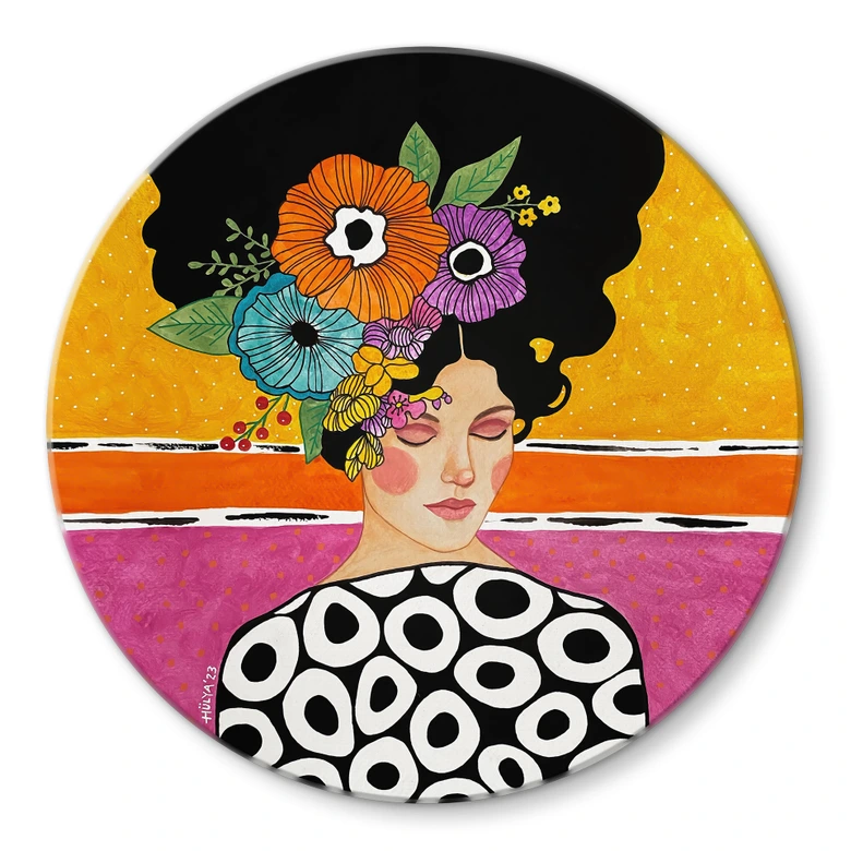 Glasbild Frau mit bunter Blumenkrone - Hülya - Rund 