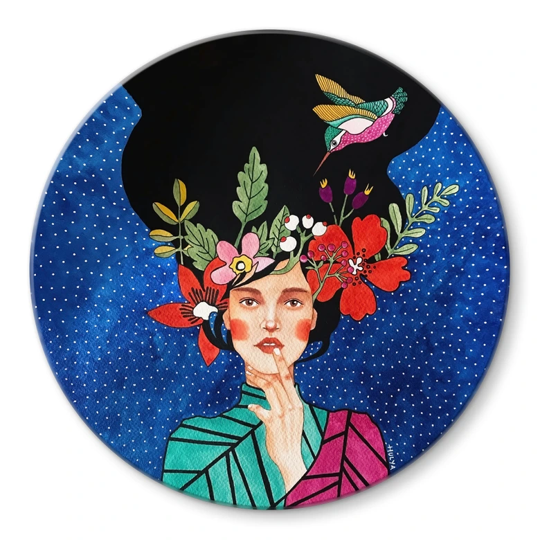 Glasbild Frau mit Kolibri in der Sternennacht - Hülya - Rund 