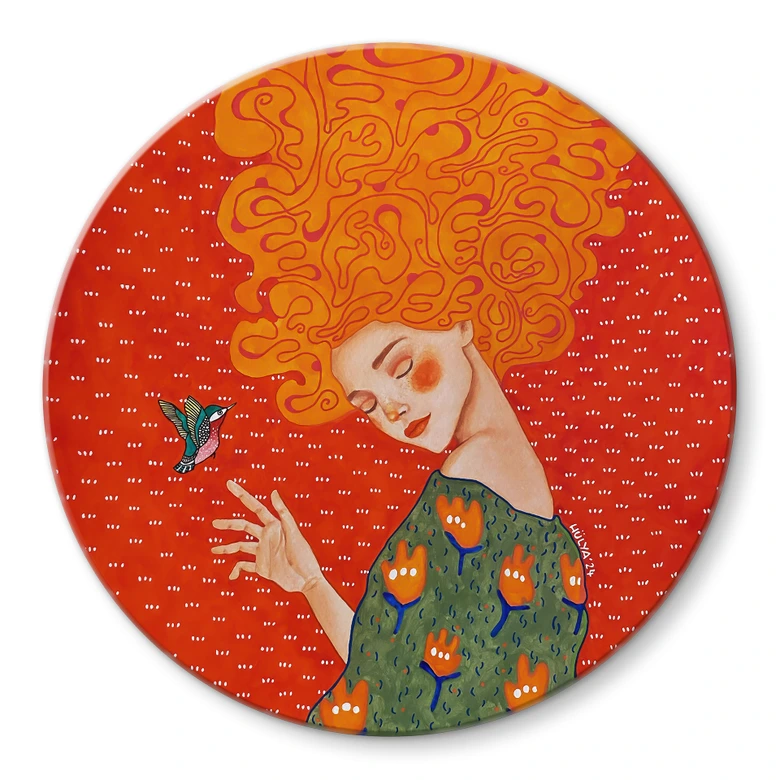 Glasbild Kolibri und Frau im roten Licht - Hülya - Rund 