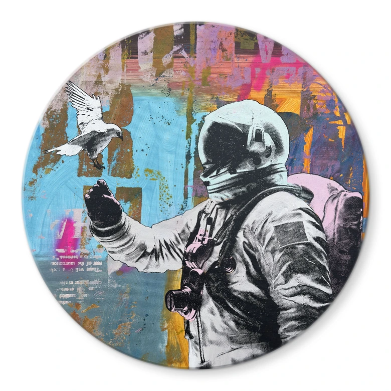 Glasbild Astronaut mit Taube - Kuryliuk - Rund 