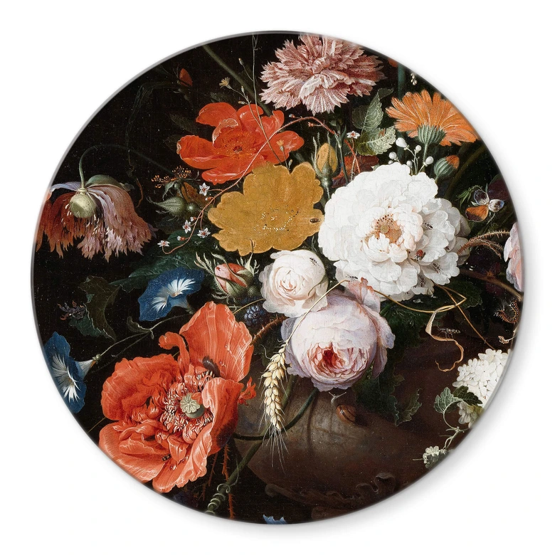Glasbild Mignon - Stillleben mit Blumen und einer Uhr - Rund 