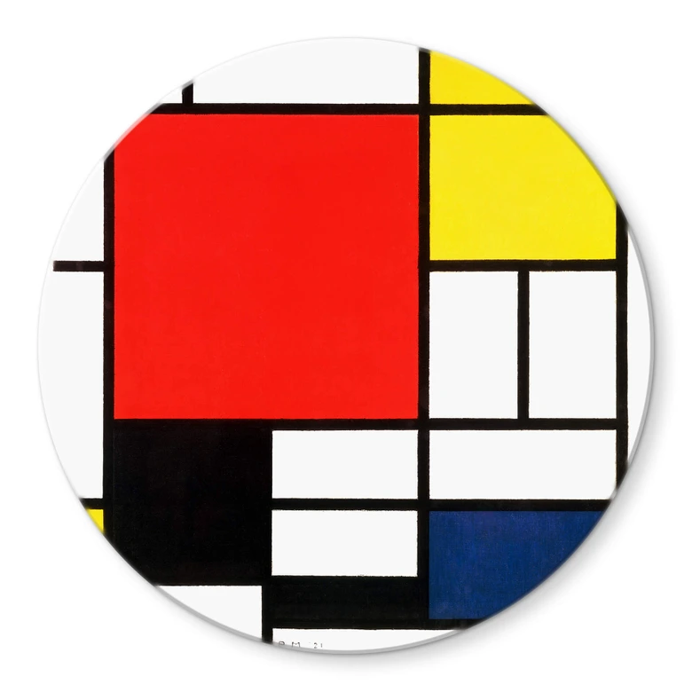 Glasbild Mondrian - Komposititon mit Rot Gelb Blau und Schwarz - Rund 