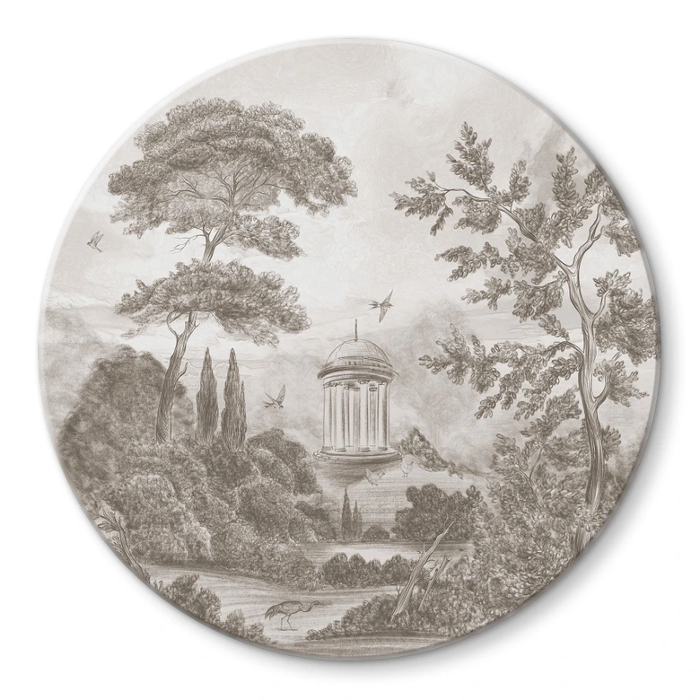 Glasbild Landschaft mit Gartenlandschaft in Beige - Ms Tiff - Rund 