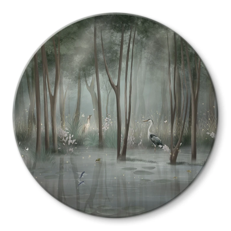 Glasbild Nebelwald am See mit Reiher in Grün - Ms Tiff - Rund 