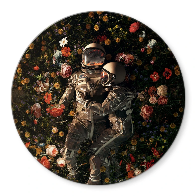 Glasbild Astronauten auf einer Blumenwiese - Nicebleed - Rund 