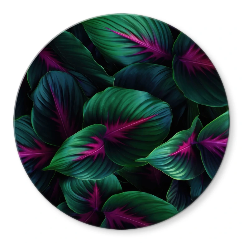 Glasbild Farbenfrohe Dschungelpflanzen - Paksoylu - Rund 