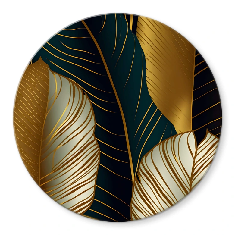 Glasbild Goldfarbene Palmenblätter Abstrakt - Rund 
